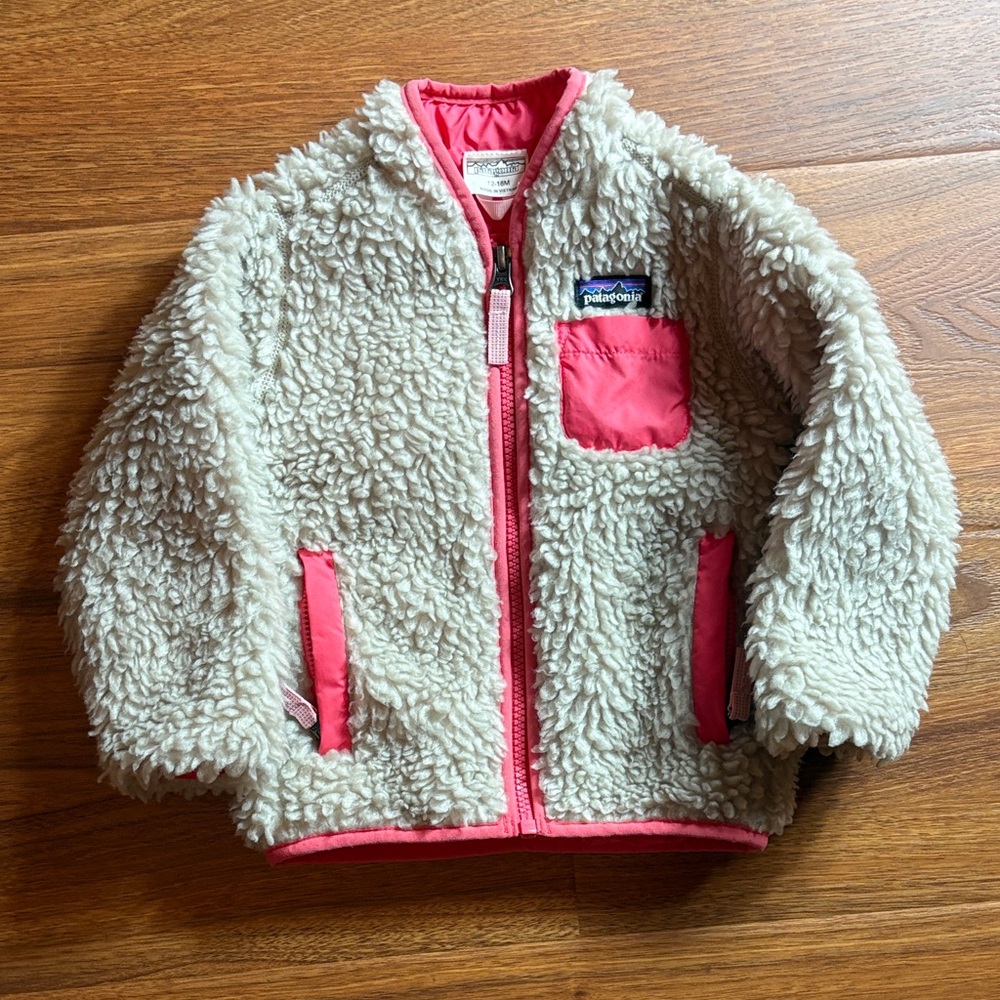 Patagonia Kids deepile Cream and Pink Sherpa Jacket